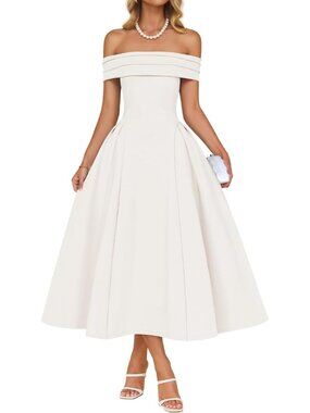 Women's White Summer 2026 Flowy A Line Semi Formal Off Shoulder Cocktail Dresses